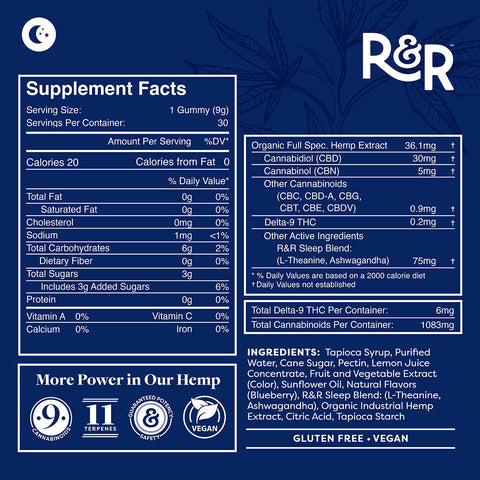 R&R Medicinals | CBD + CBN Sleep Gummies - 750mg CBD + 150mg CBD / 30 Count